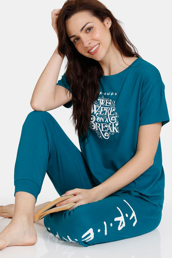 Zivame Friends Knit Cotton Pyjama Set Deep Lake